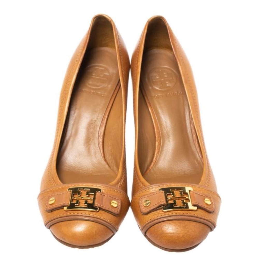 Tory Burch Brown Leather 'Ambrose' Wedge Pumps Size 7